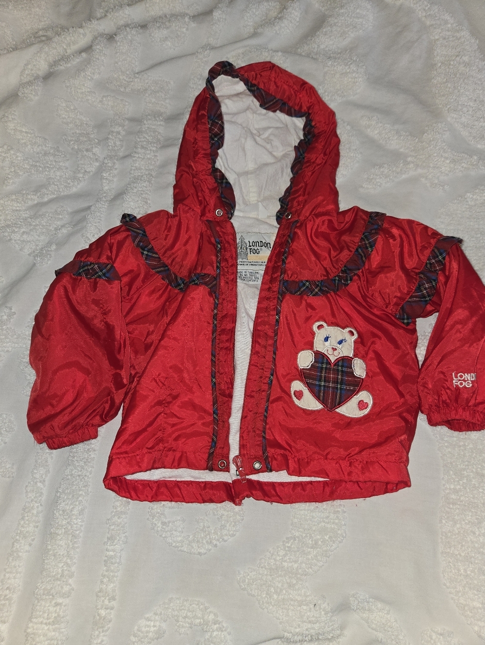 Vintage London Fog Red Toddler Hooded Jacket with Tartan Bear Applique Size 24 M